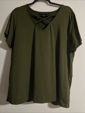Crisscross V-Neck Short Sleeve Top - Olive Green